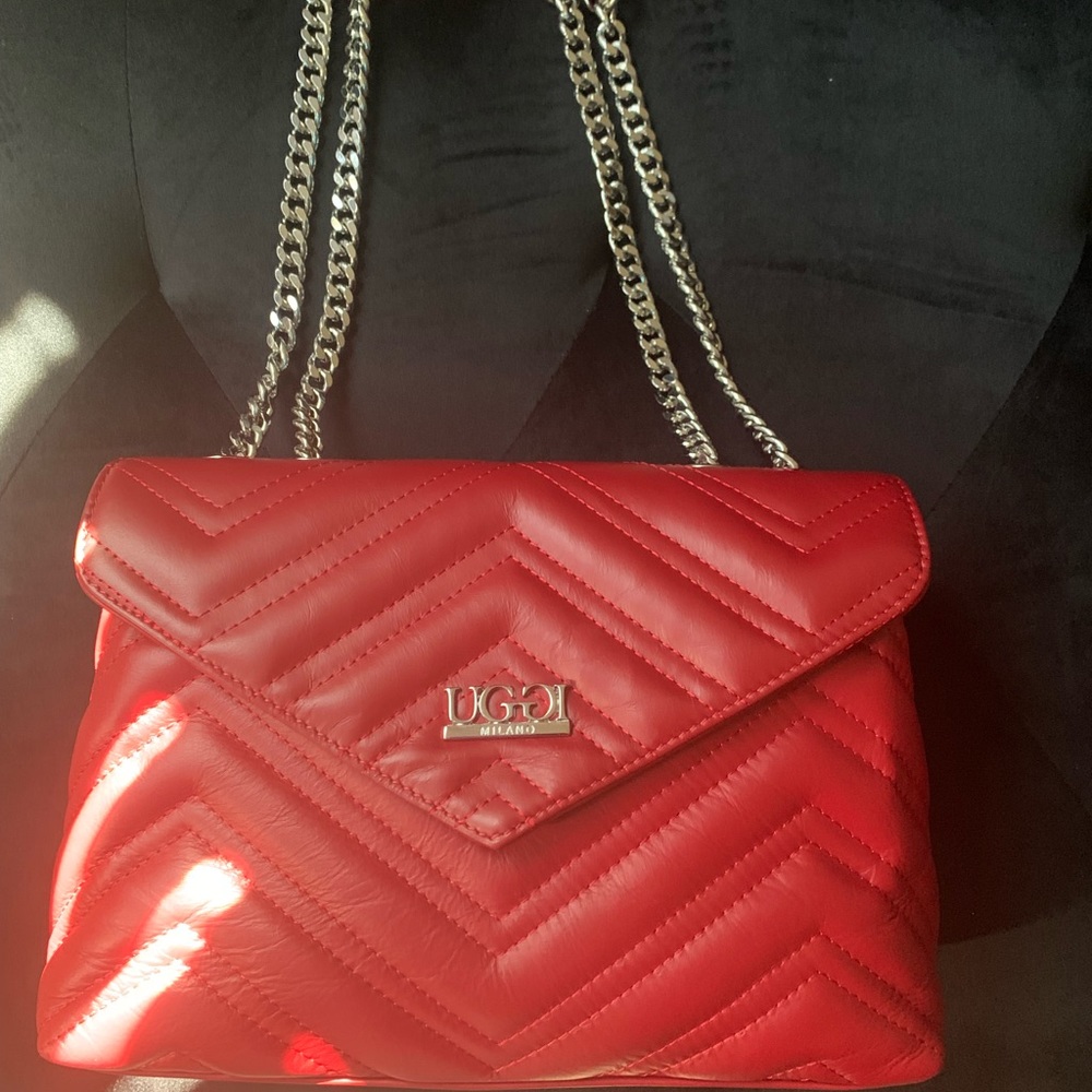 Milano Red Quilted Shoulder Bag with Silver Chain